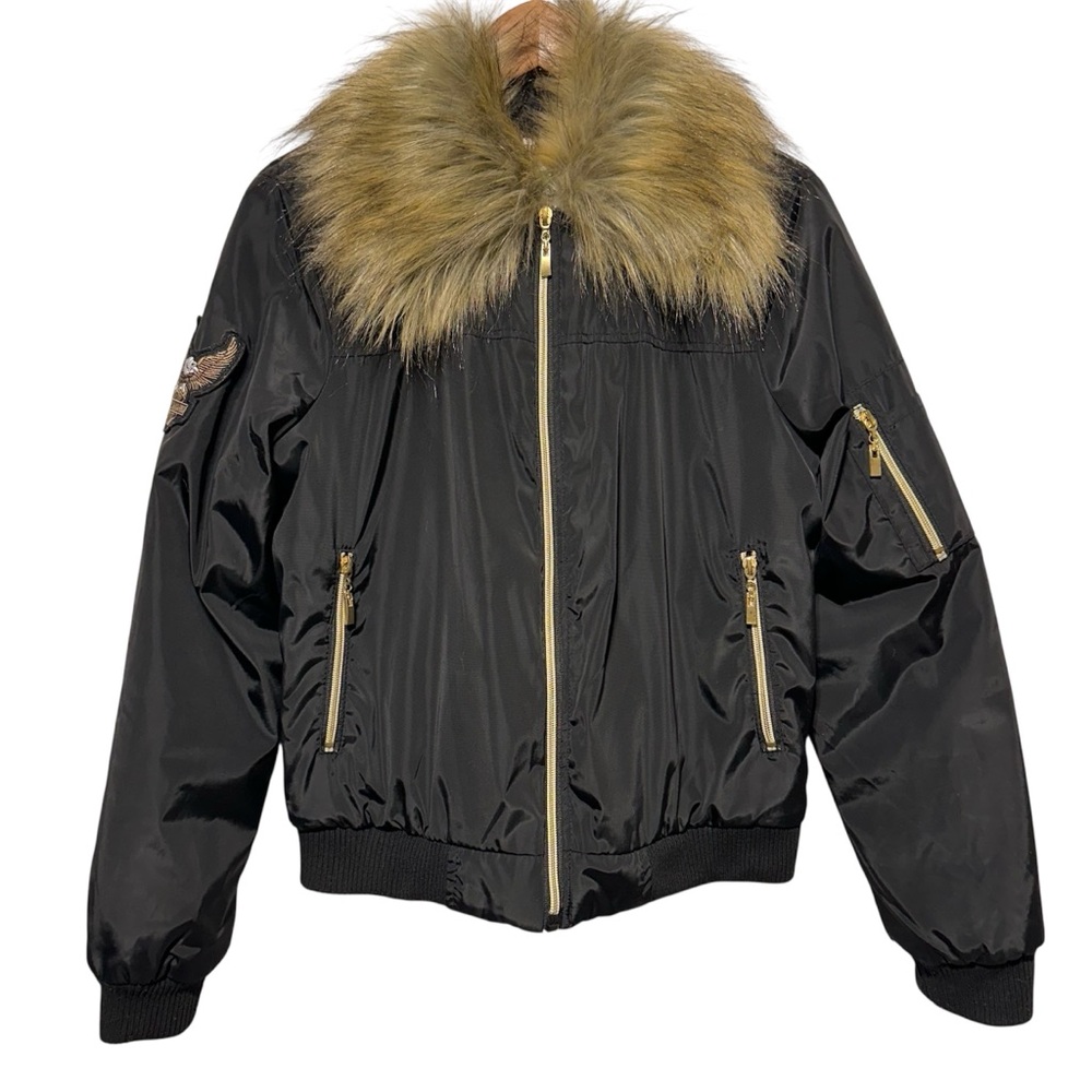 Y2K URBANOLOGY | Black Faux Fur Trim Bomber Jacket | M | Biker Girlfriend | Moto